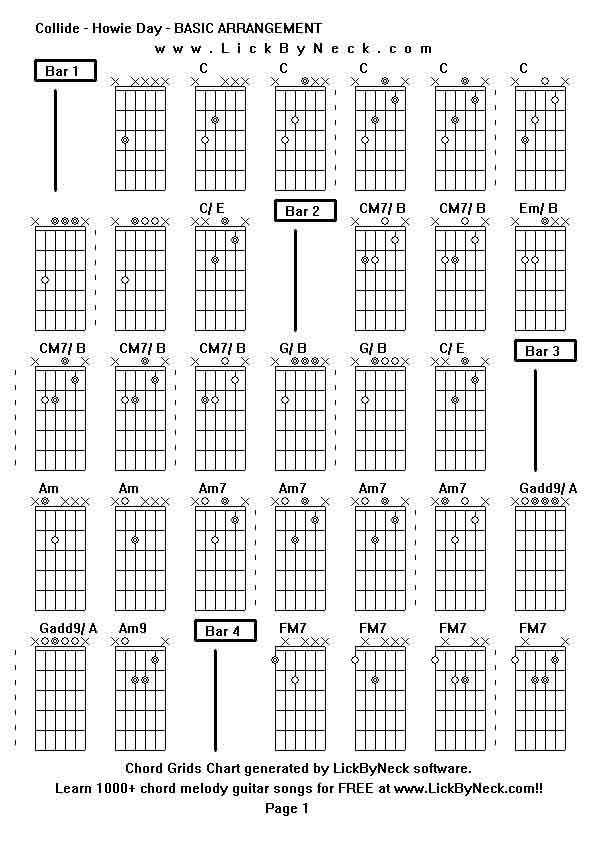 Chord Grids Chart of chord melody fingerstyle guitar song-Collide - Howie Day - BASIC ARRANGEMENT,generated by LickByNeck software.